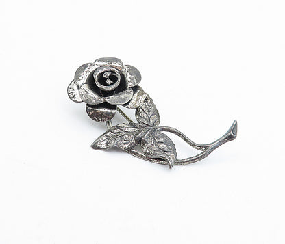BEAU 925 Silver  Vintage Dark Tone Sculpted Rose Flower Brooch Pin  BP1416
