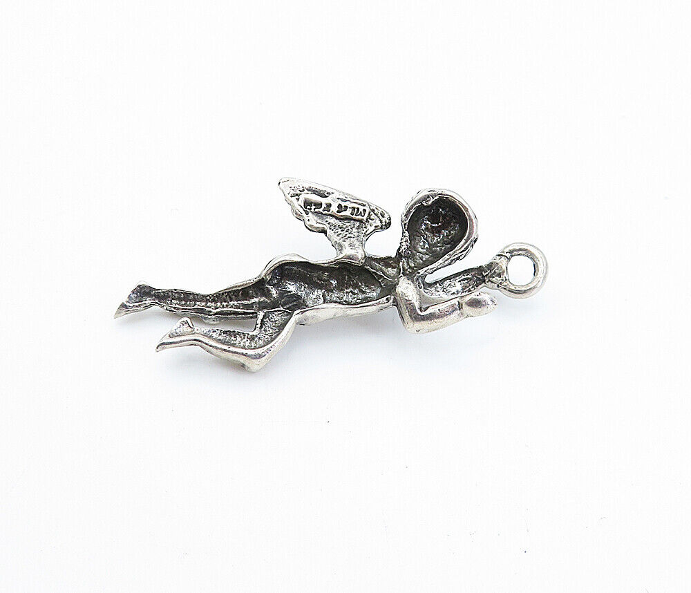 925 Sterling Silver - Vintage Shiny Sculpted Flying Angel Motif Pendant - PT2520