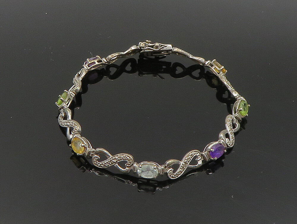 925 Silver  Vintage Citrine Peridot Amethyst & Topaz Infinity Bracelet  BT9440