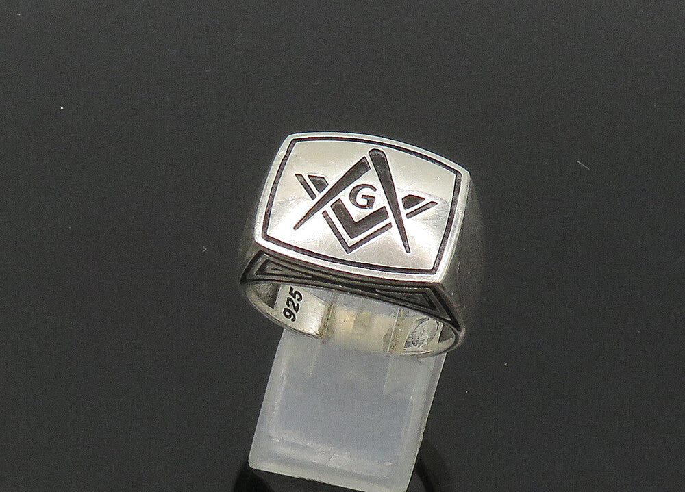 925 Sterling Silver  Vintage Freemason Symbol Square Band Ring Sz 10  RG21760