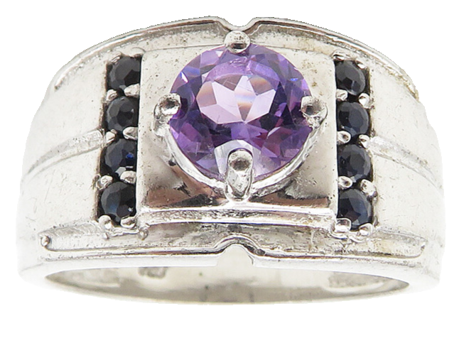 925 Sterling Silver  Amethyst & Sapphire Shiny Round Band Ring Sz 7  RG10355