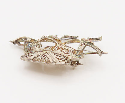 925 Silver  Vintage Enamel Cross Filigree Sailboat Ship Brooch Pin  BP10155