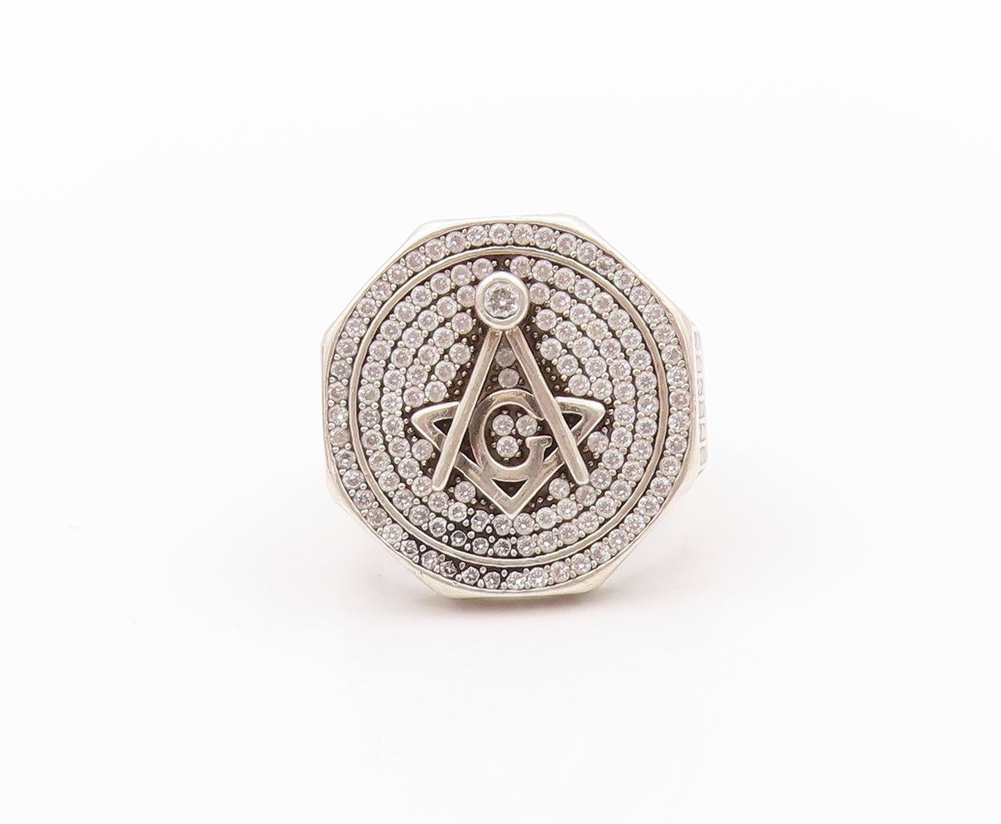 925 Sterling Silver Vintage Ring CZ Inlay Freemason Symbol  Sz 11  RG32648