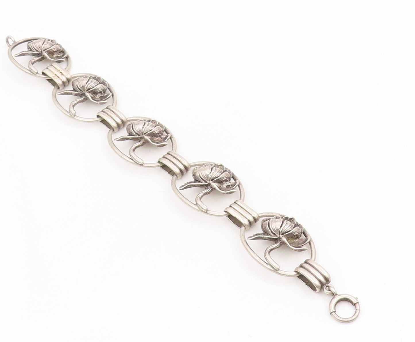 925 Sterling Silver Vintage Bracelet Carved Lotus Botanical Floral Link  BT11669