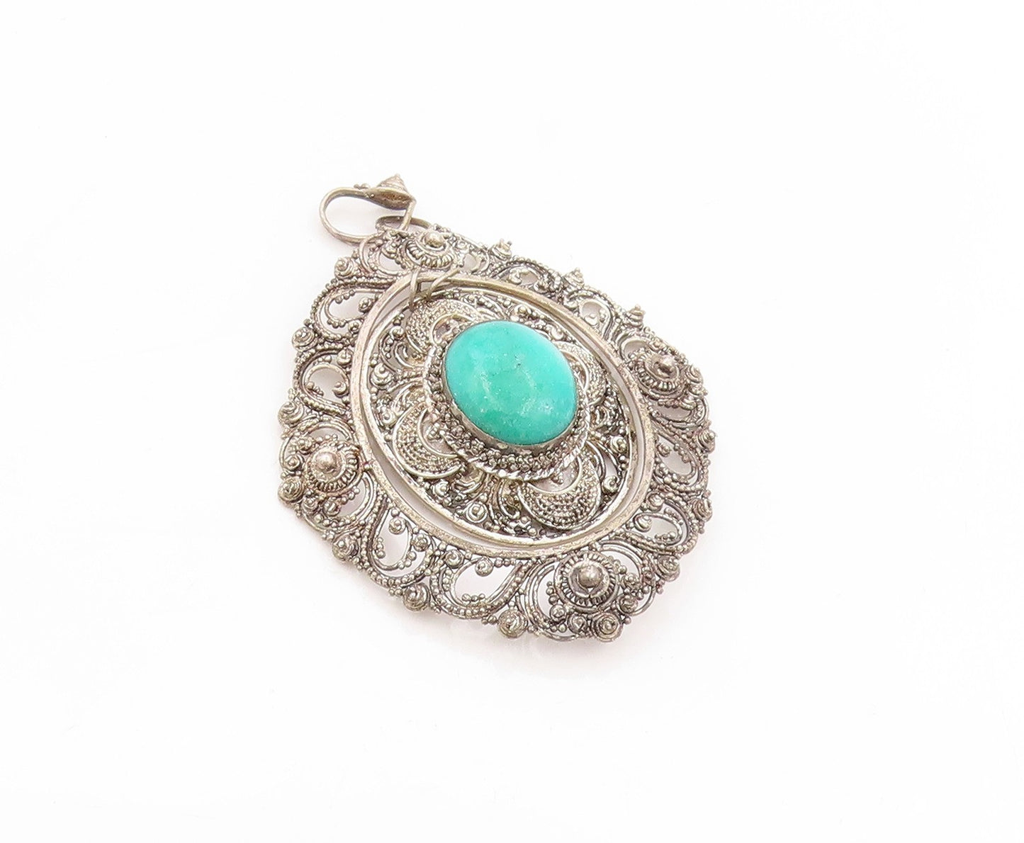 925 Sterling Silver Vintage Pendant Turquoise Antique Oval Filigree  PT25840