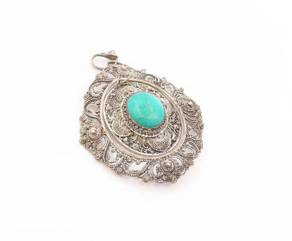 925 Sterling Silver Vintage Pendant Turquoise Antique Oval Filigree  PT25840
