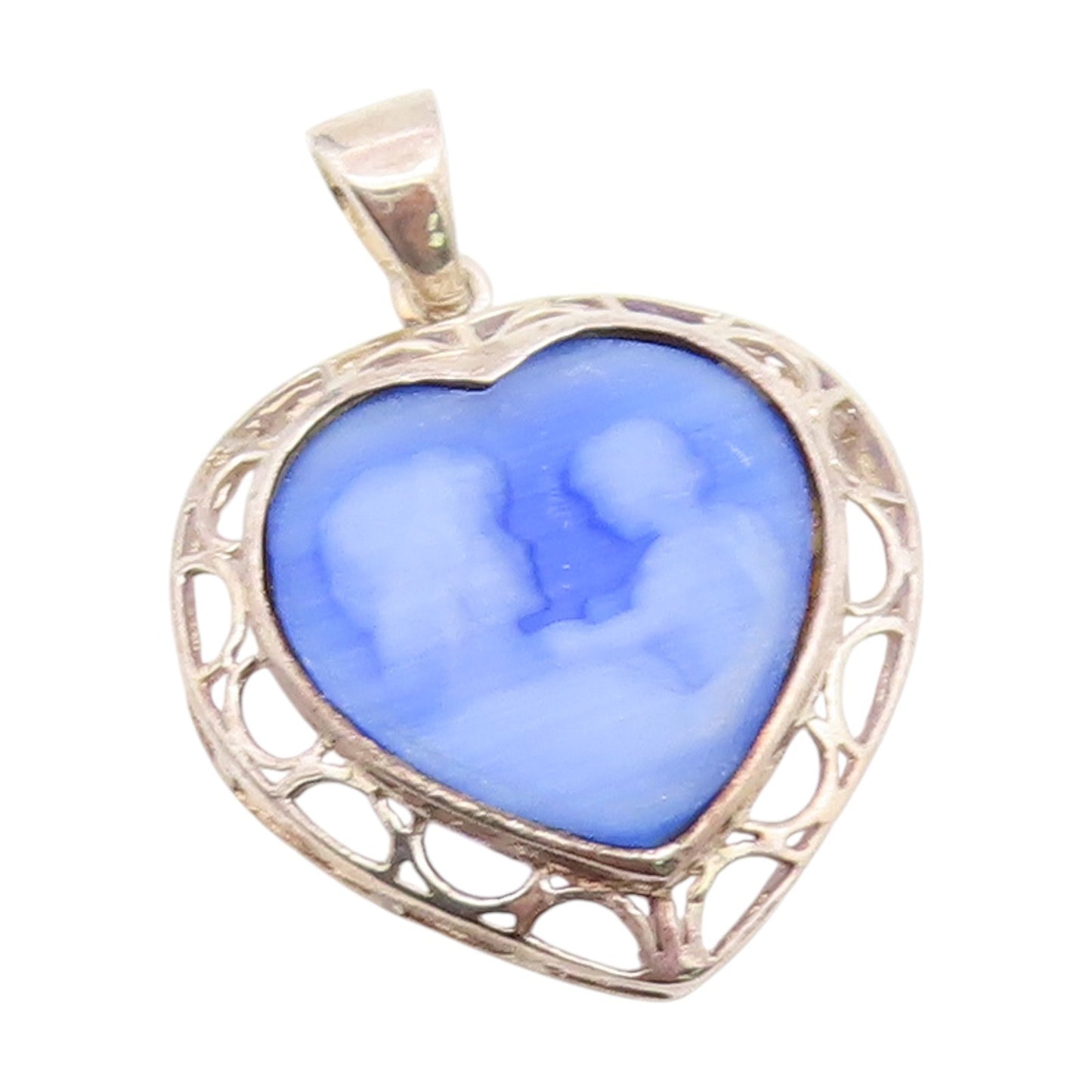 925 Sterling Silver Vintage Pendant Blue Agate Mother & Baby Cameo Charm PT25987