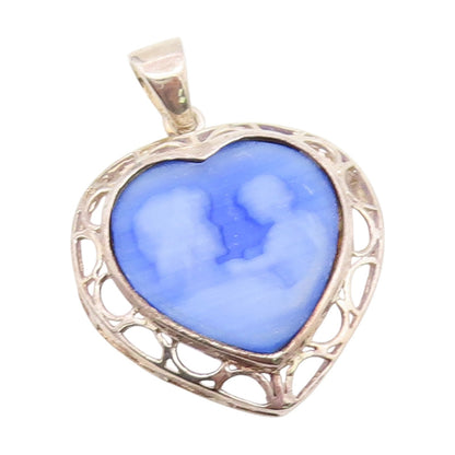 925 Sterling Silver Vintage Pendant Blue Agate Mother & Baby Cameo Charm PT25987