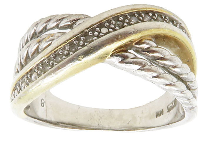 925 Silver  Vintage Genuine Diamonds Rope Twist Split Band Ring Sz 8  RG13364