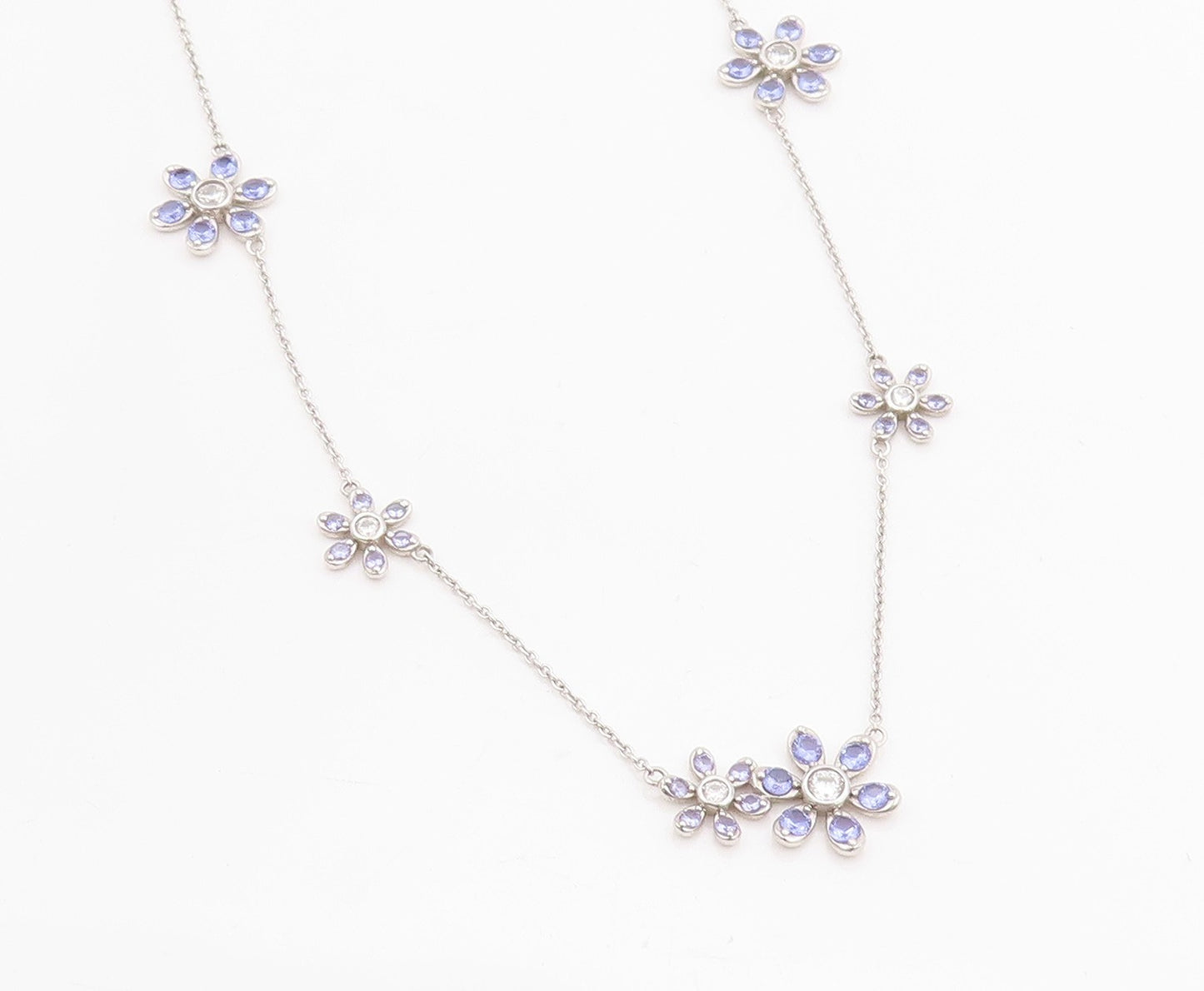925 Sterling Silver Vintage Necklace Tanzanite & CZ Daisy Floral Chain   NE4628
