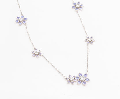 925 Sterling Silver Vintage Necklace Tanzanite & CZ Daisy Floral Chain   NE4628