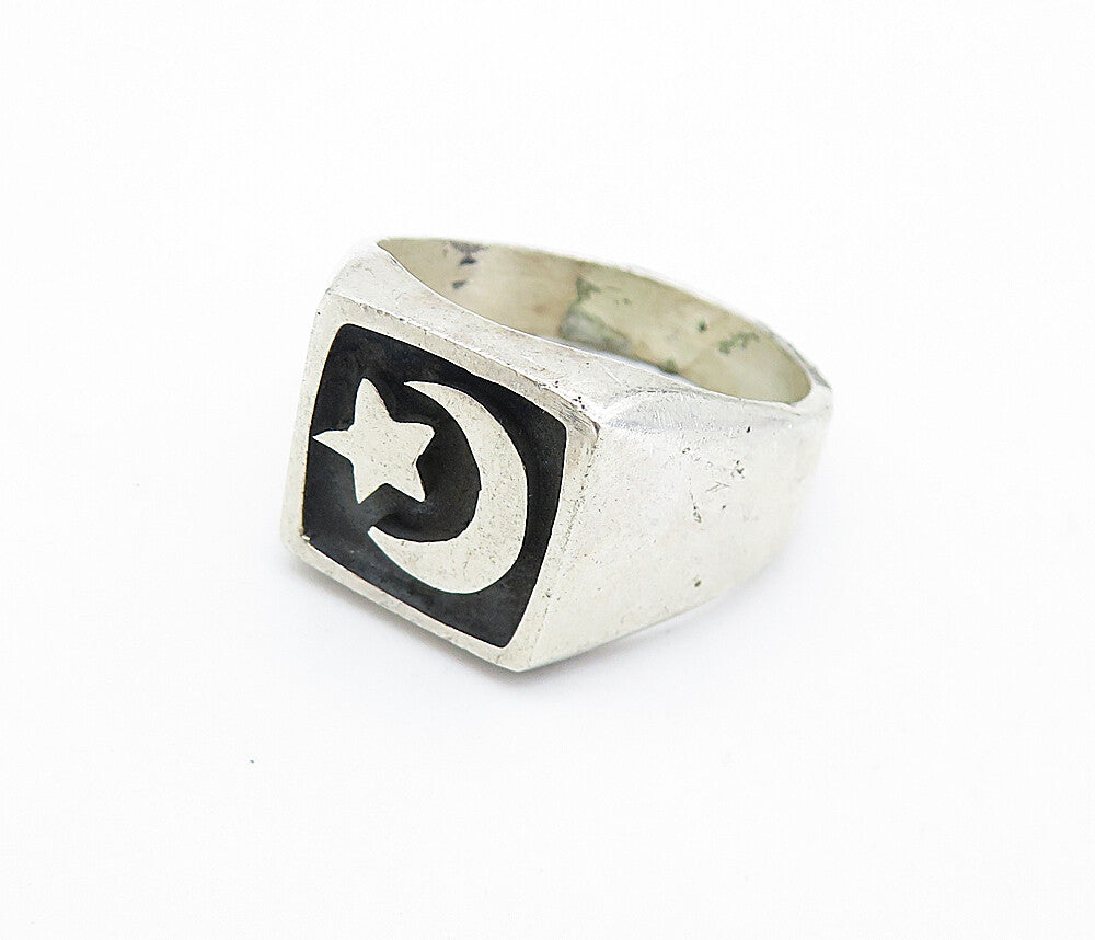 MEXICO 925 Silver  Vintage Oxidized Half Moon & Star Band Ring Sz 10  RG7403