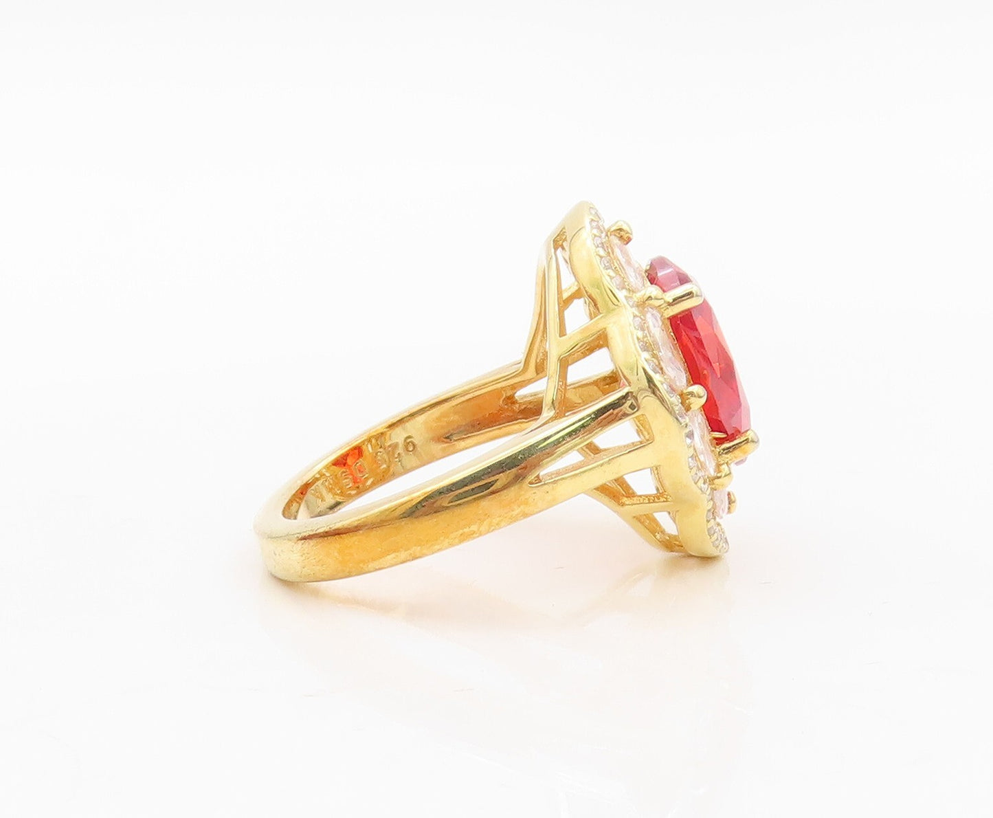 925 Sterling Silver Vintage Ring Gold Plated Red White CZ Flower Sz 7.5  RG30244