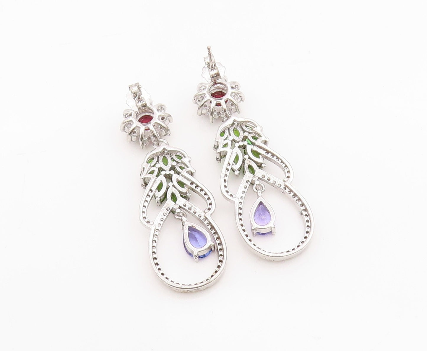 925 Sterling Silver Vintage Earrings Multi Gemstone Floral Leaf Dangle  EG13835
