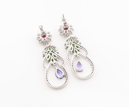 925 Sterling Silver Vintage Earrings Multi Gemstone Floral Leaf Dangle  EG13835