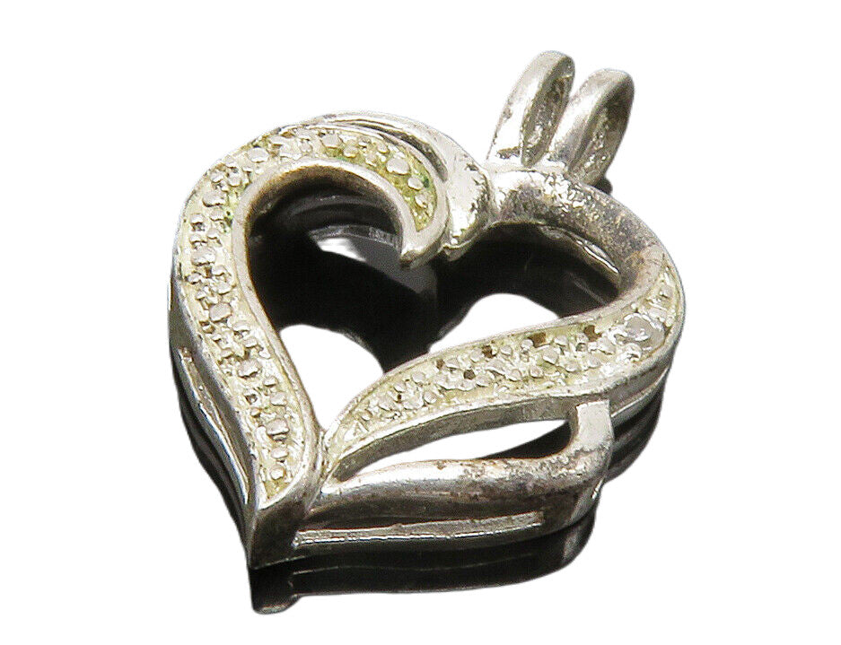 925 Sterling Silver  Vintage Genuine Diamond Open Love Heart Pendant  PT10559