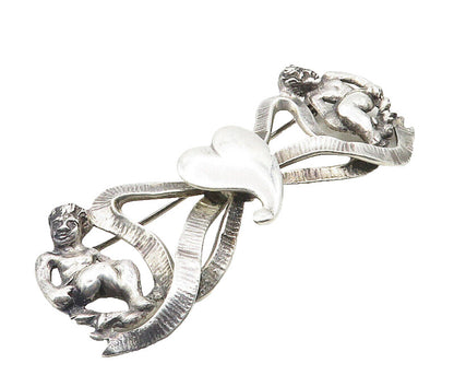 925 Sterling Silver  Vintage Handmade Love Heart Ribbon Brooch Pin  BP3712