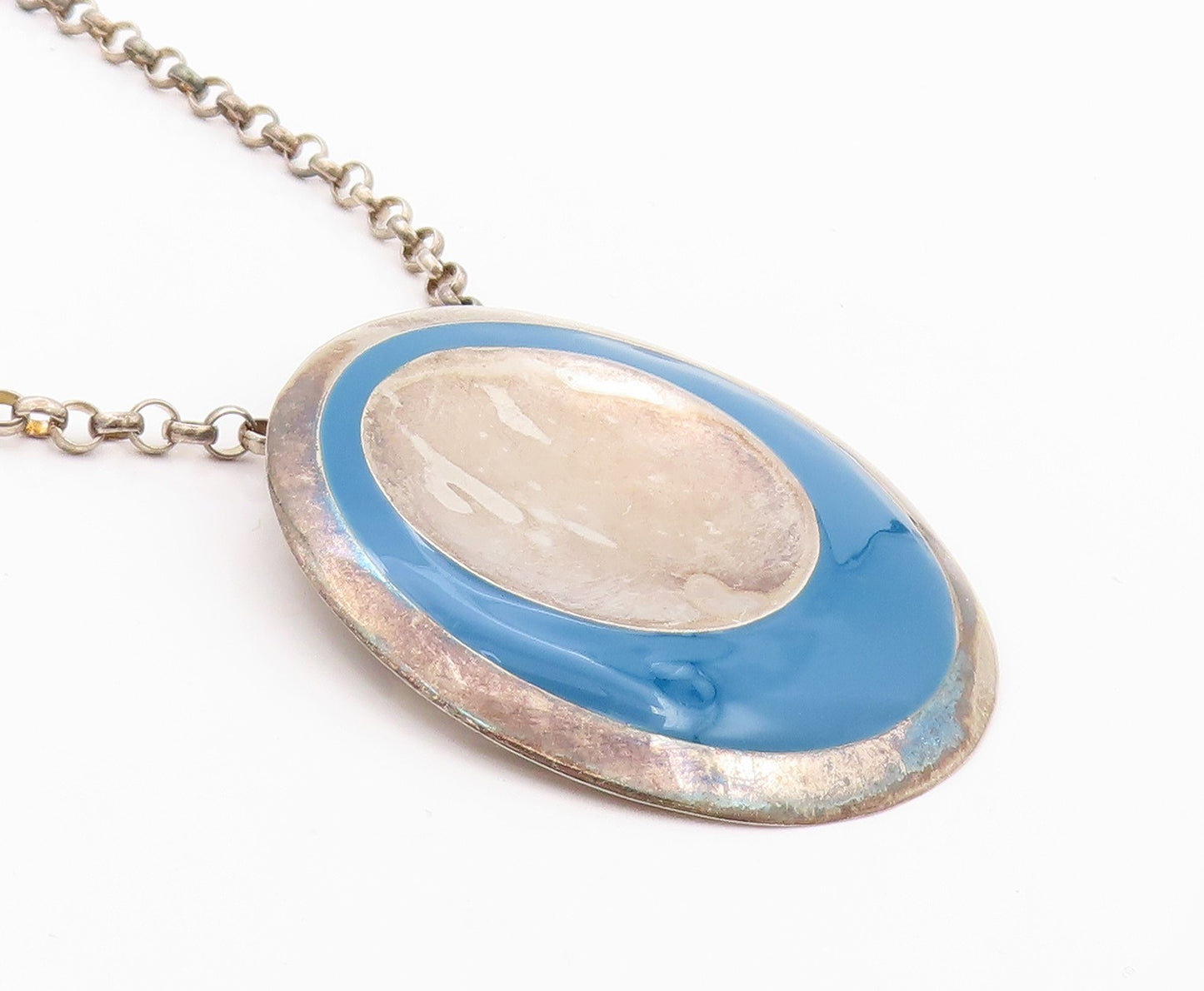 925 Sterling Silver Vintage Necklace RLM Designer Blue Enameled Disk  NE4505