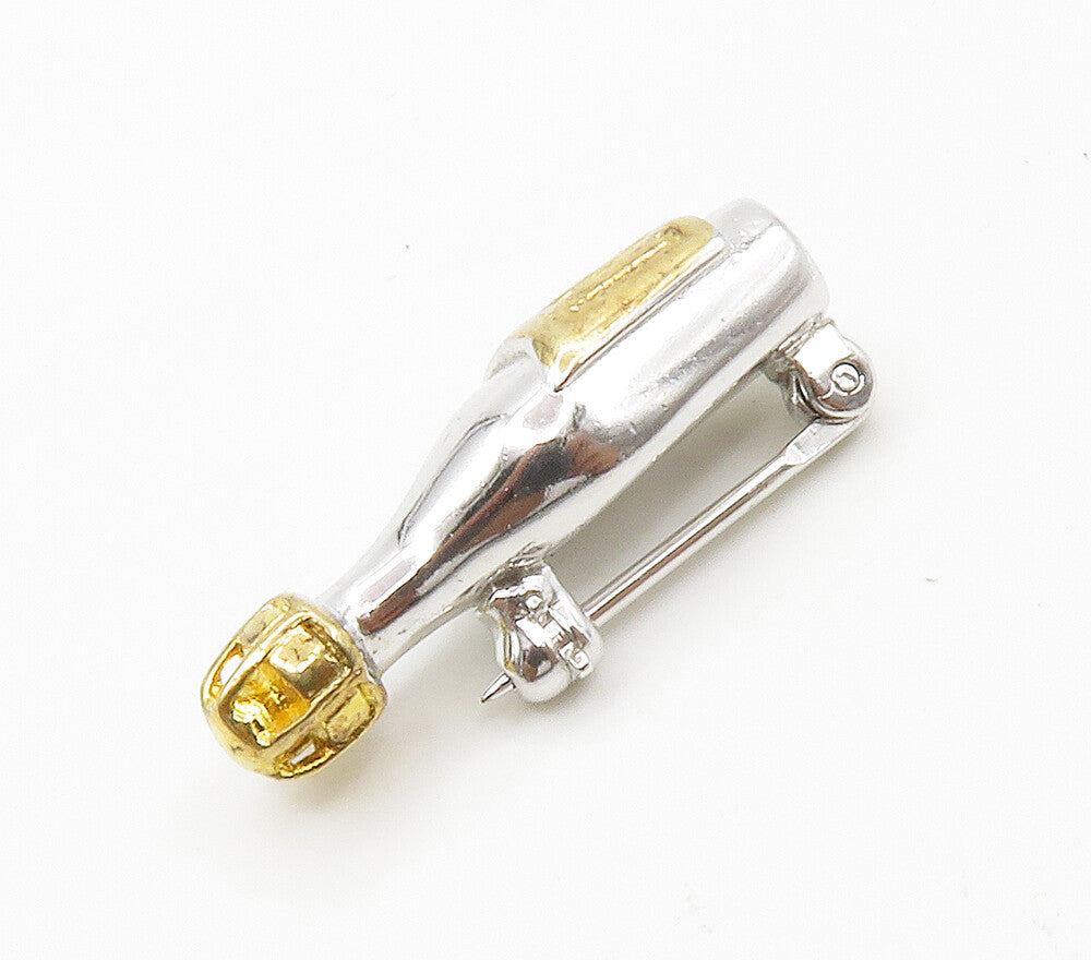 925 Sterling Silver  Vintage Shiny 2 Tone Champagne Bottle Brooch Pin  BP5814