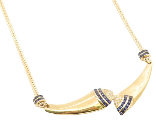 925 Sterling Silver Vintage Necklace Gold Plated Real Diamonds & Sapphire NE4927