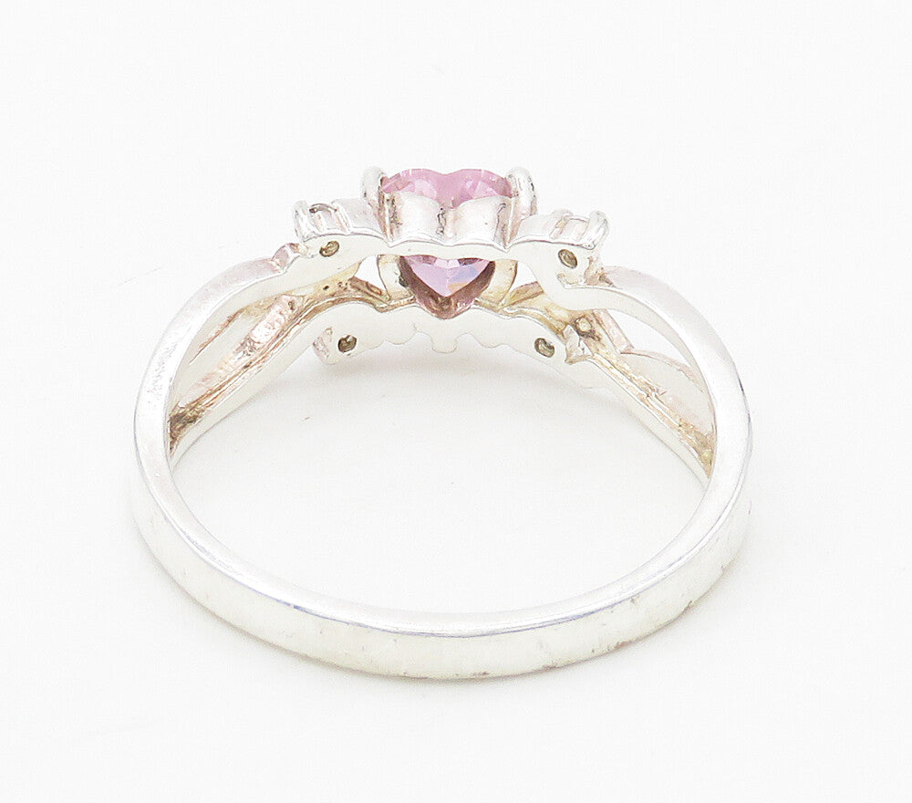 925 Sterling Silver  Pink & White Topaz Love Heart Band Ring Sz 10  RG15898