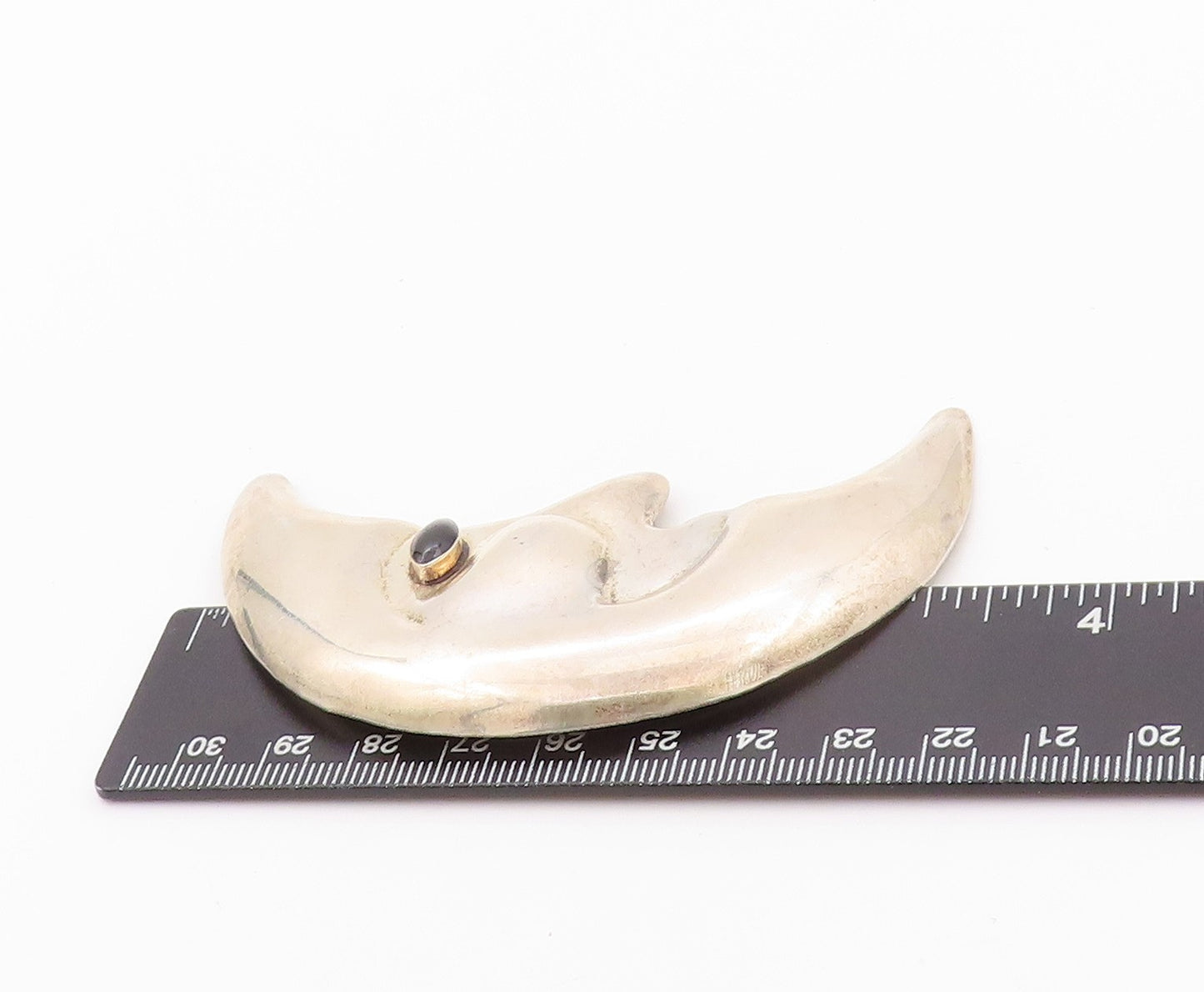 925 Sterling Silver Vintage Brooch Pin MEXICO Large Onyx Eyed Half Moon  BP11561