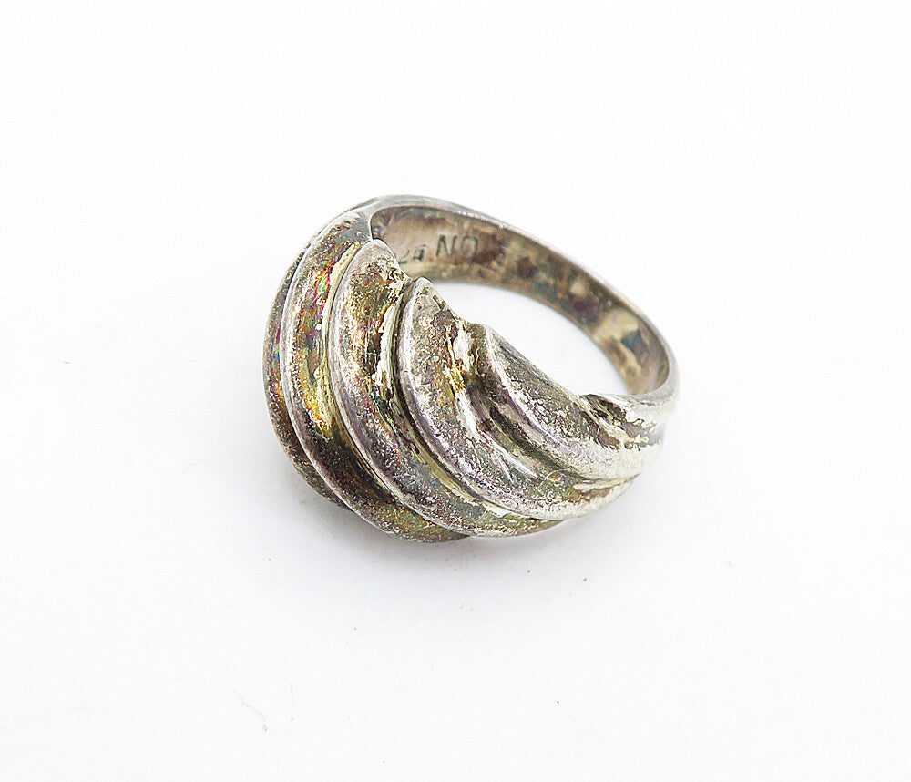 925 Sterling Silver  Vintage Dark Tone Fluted Dome Band Ring Sz 7  RG5872