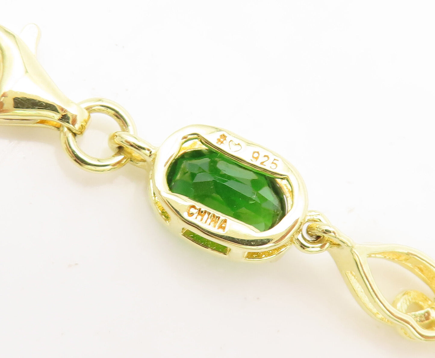 925 Sterling Silver Vintage Bracelet Swirly Cut Gold Plated Green Topaz  BT10243