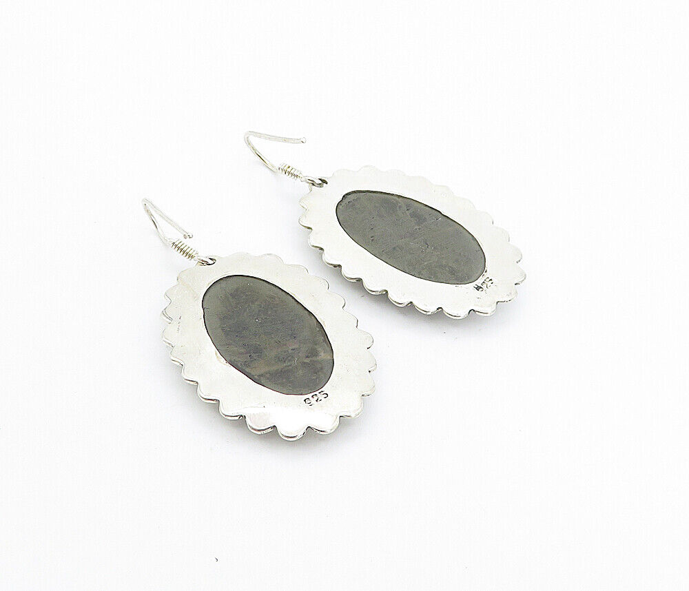 925 Sterling Silver - Vintage Sodalite Bordered Oval Dangle Earrings - EG3514