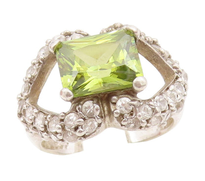 925 Sterling Silver Vintage Ring Peridot & CZ Open Love Heart  Sz 8.5  RG34434