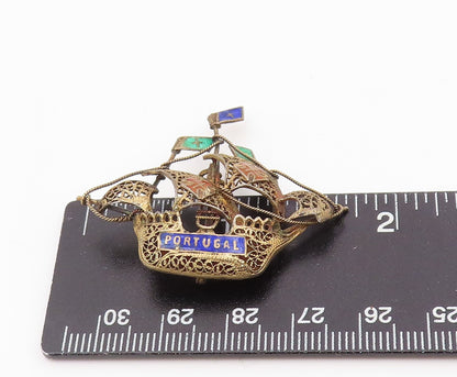 925 Sterling Silver Vintage Brooch Pin Enameled Portugal Sailing Boat  BP12372