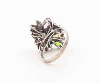 925 Sterling Silver Vintage Ring Multi Gemstone Floral Cluster Band Sz 8 RG36483