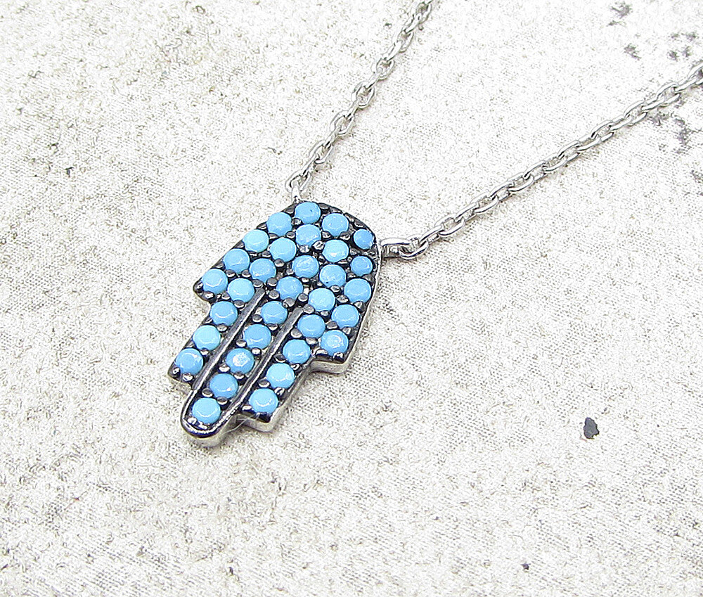 925 Sterling Silver  Turquoise Hamsa Chain Necklace  PT1324