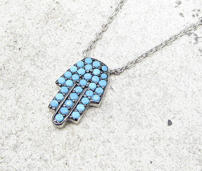 925 Sterling Silver  Turquoise Hamsa Chain Necklace  PT1324