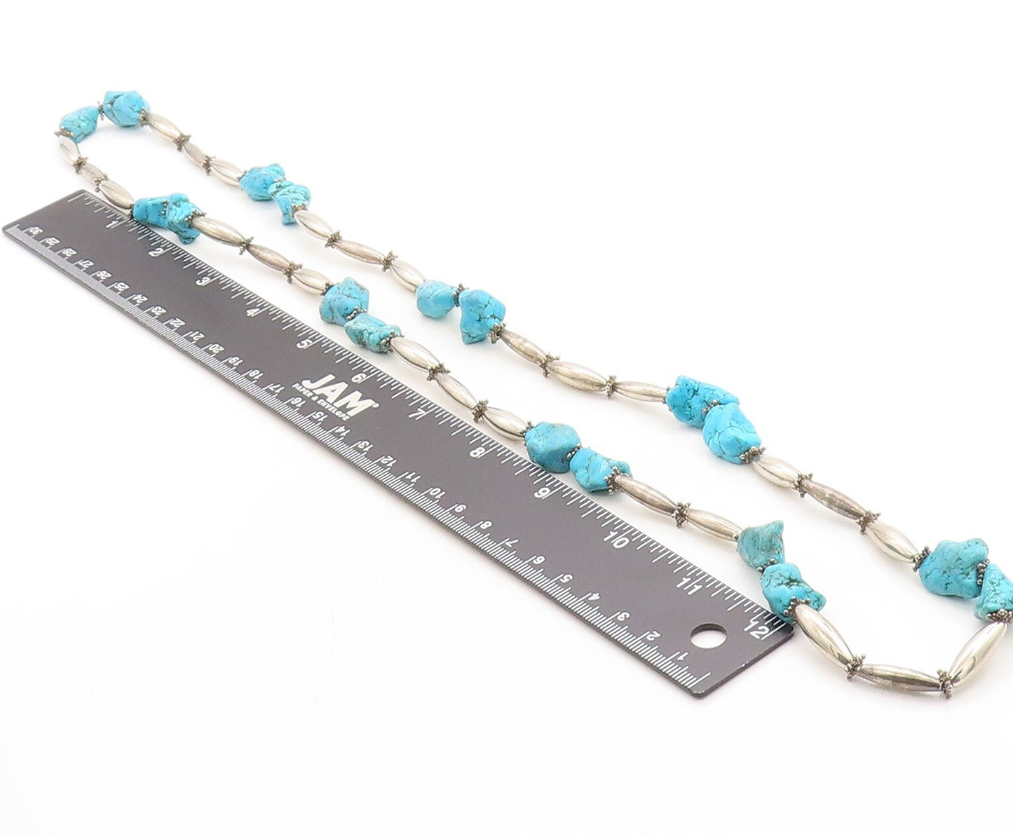 925 Sterling Silver  Vintage Rough Turquoise Barrel Bead Chain Necklace NE1040