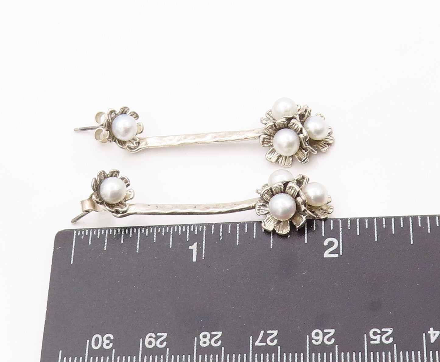 925 Sterling Silver Vintage Earrings ISRAEL Designer Drop Pearl Flower  EG13471