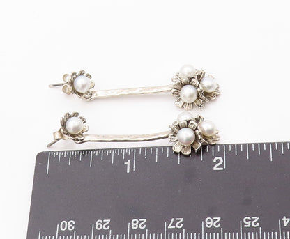 925 Sterling Silver Vintage Earrings ISRAEL Designer Drop Pearl Flower  EG13471