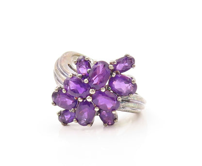 925 Sterling Silver Vintage Ring Dark Tone Oval Amethyst Cluster  SZ 8  RG31950