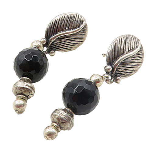 925 Sterling Silver  Vintage Black Onyx Bal Bead Floral Drop Earrings  EG4749