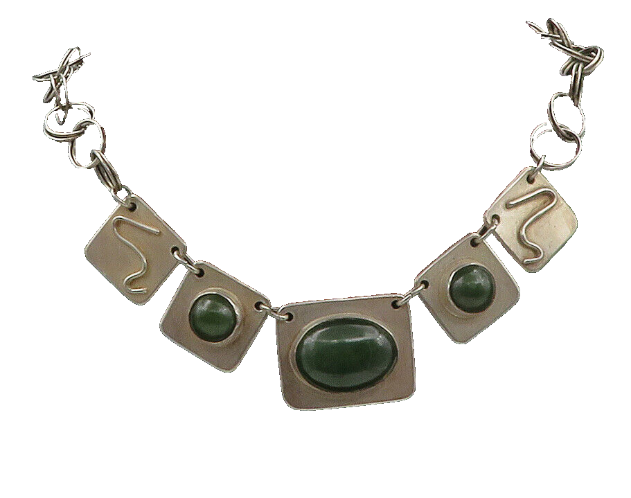 925 Sterling Silver  Vintage Cabochon Cut Green Jasper Chain Necklace  NE2149