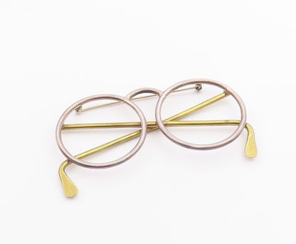 925 Sterling Silver  Vintage Two Tone Eye Glasses Motif Brooch Pin  BP8221