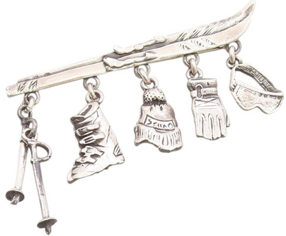 925 Sterling Silver Vintage Brooch Charming Hanging Winter Snow Skis  BP11787