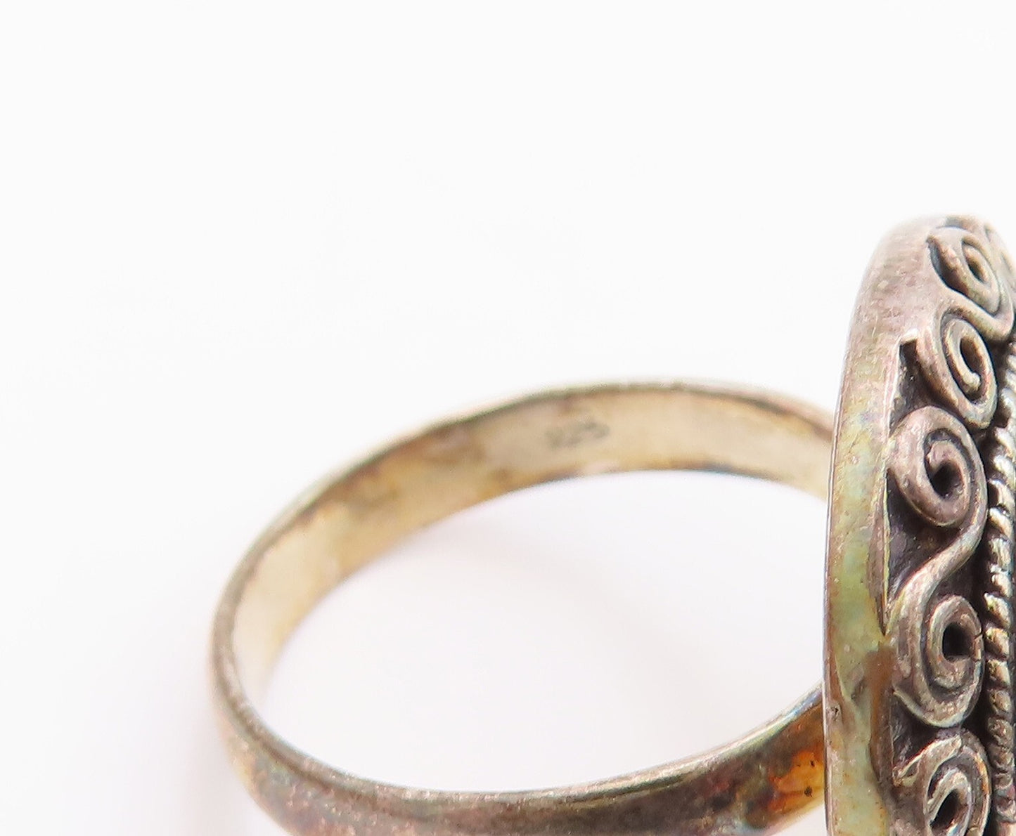 925 Sterling Silver Vintage Ring Pink Gemstone Swirly Carved  Sz 7  RG29704