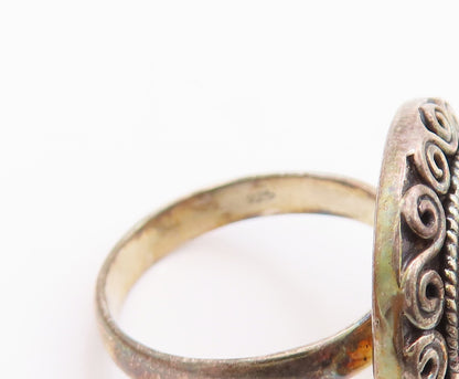 925 Sterling Silver Vintage Ring Pink Gemstone Swirly Carved  Sz 7  RG29704