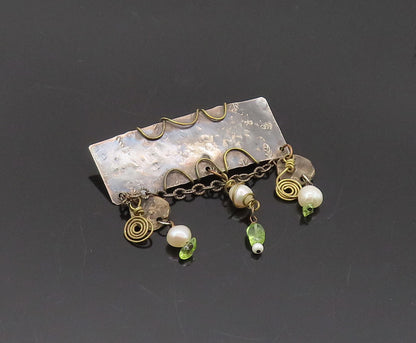 925 Sterling Silver Vintage Brooch Pin Handmake Dangling Pearls Peridot BP10584