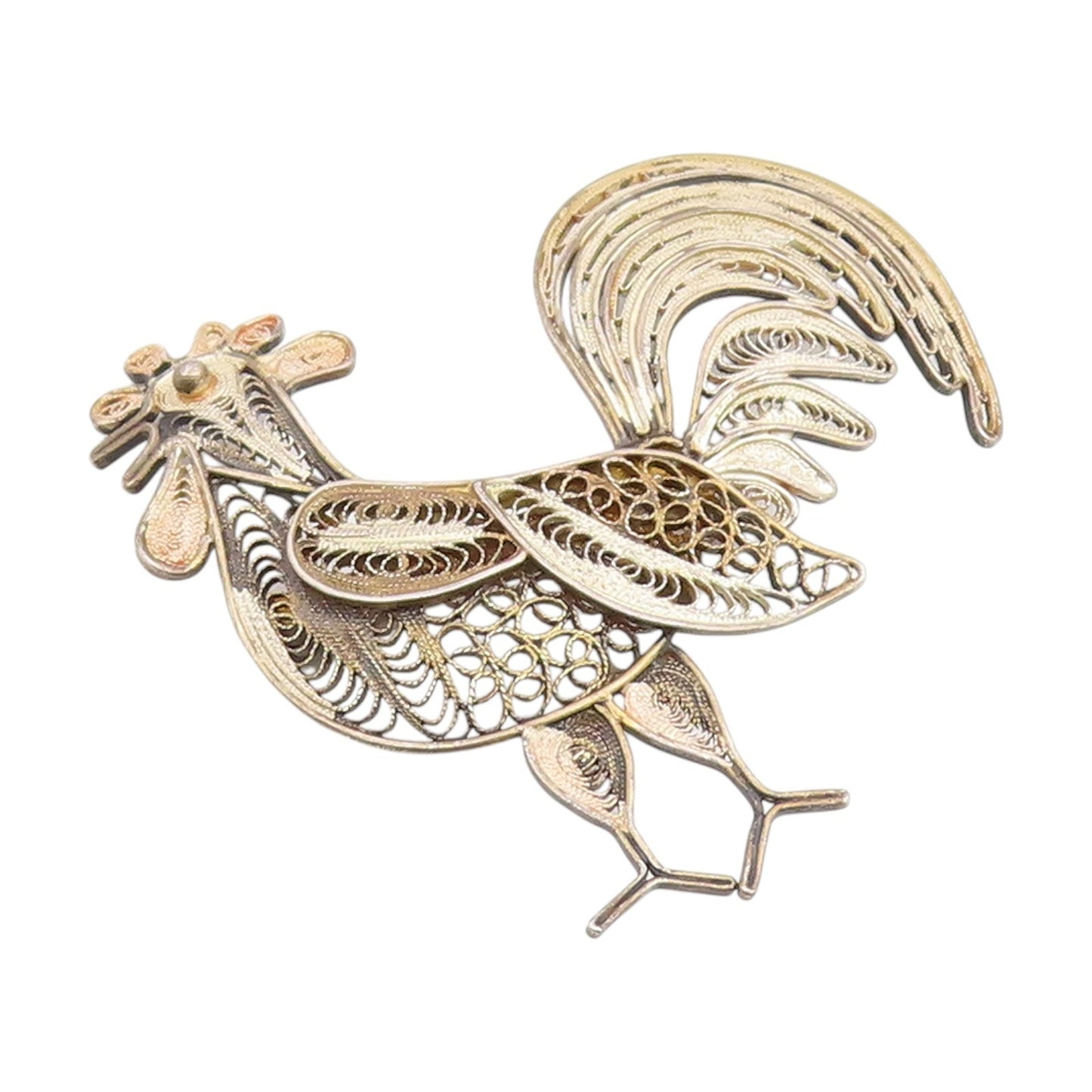 925 Sterling Silver Vintage Brooch Pin Intricate Filigree Rooster Bird  BP12370