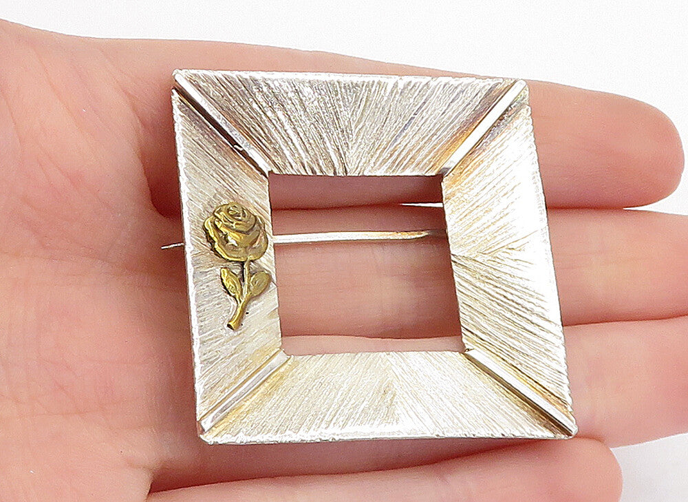 YANNIS 925 Sterling Silver  Vintage 2 Tone Rose Flower Frame Brooch Pin BP1477