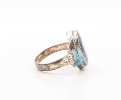925 Sterling Silver Vintage Ring Oval Cut Blue Gemstone Inlay  Sz 7.5  RG30668