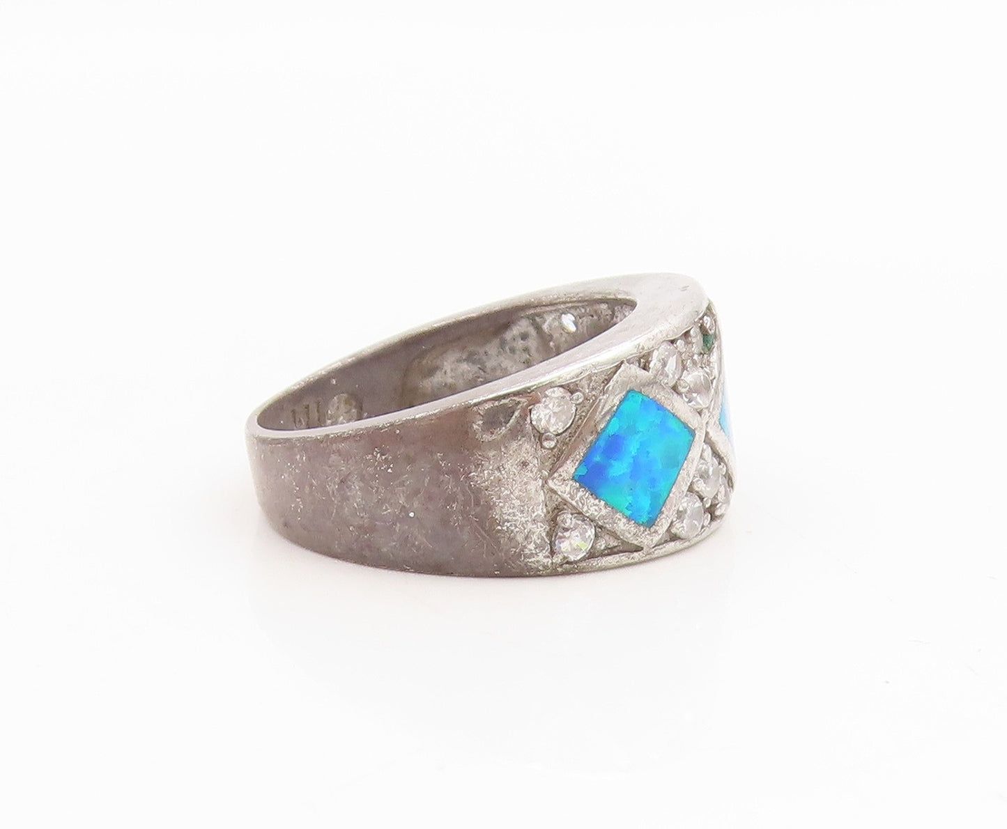 925 Sterling Silver Vintage Ring Fire Opal & CZ Statement Band  Sz 7  RG35023