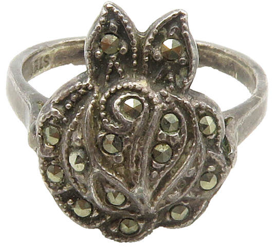 925 Sterling Silver  Vintage Marcasite Floral Petite Band Ring Sz 4.5  RG16650